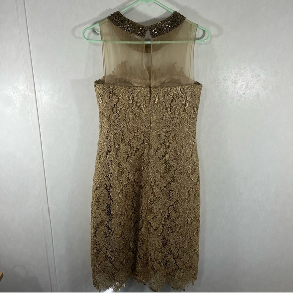 Teri Jon Gold Lace Embellished Neckline Sheath Midi Dress Formal Vintage Gown - Picture 2 of 5